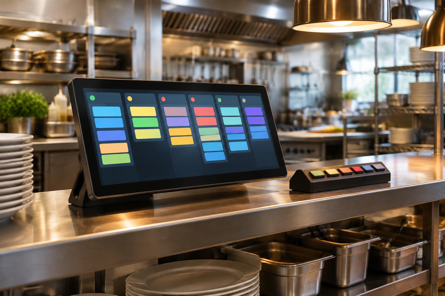 A kitchen display screen on an angled stand with a bump bar beside it