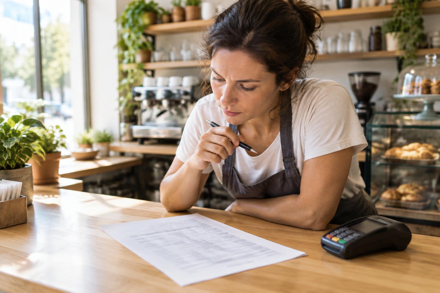 A small business owner in an apron leaning over a wooden counter, looking down at a printed statement with a pen in her hand, with a card payment terminal on the counter beside it
