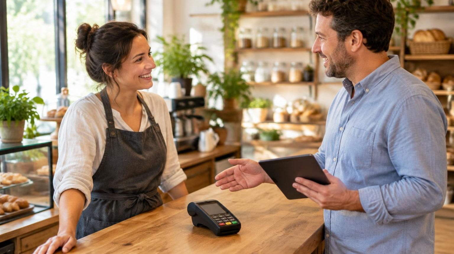 A small business owner smiling behind a wooden service counter as she talks with a payments representative holding a tablet, with a card payment terminal on the counter between them
