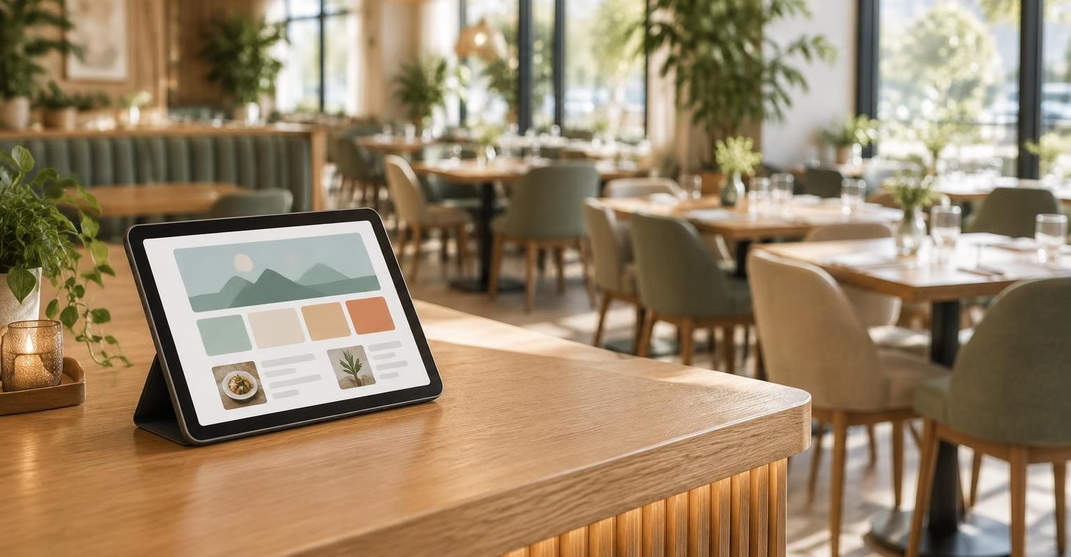 A light wooden service counter with a tablet propped on it showing a simple website page, with a warm restaurant dining area behind