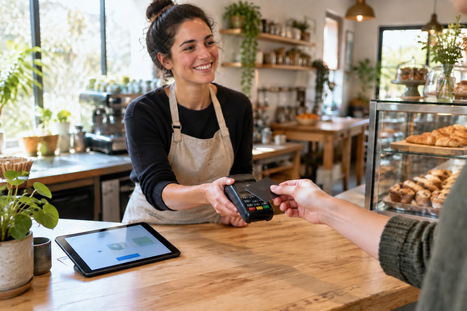 A business owner behind a service counter holding out a card terminal while a customer taps a card to pay