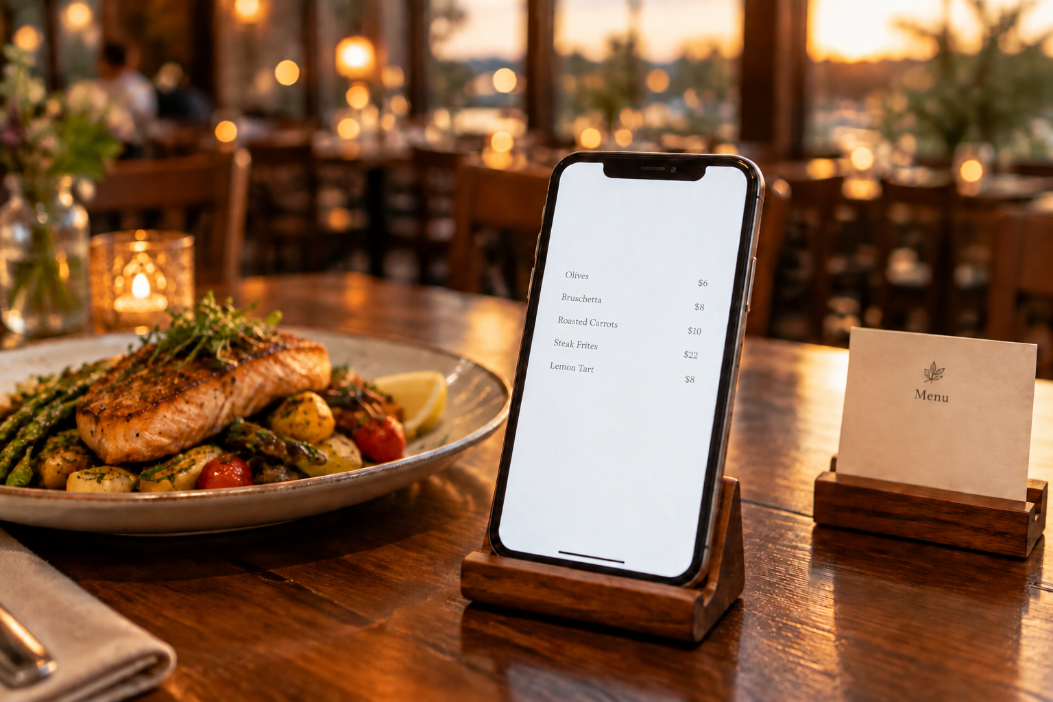 A phone propped on a restaurant table showing that restaurant's own menu page, with a plate of food beside it