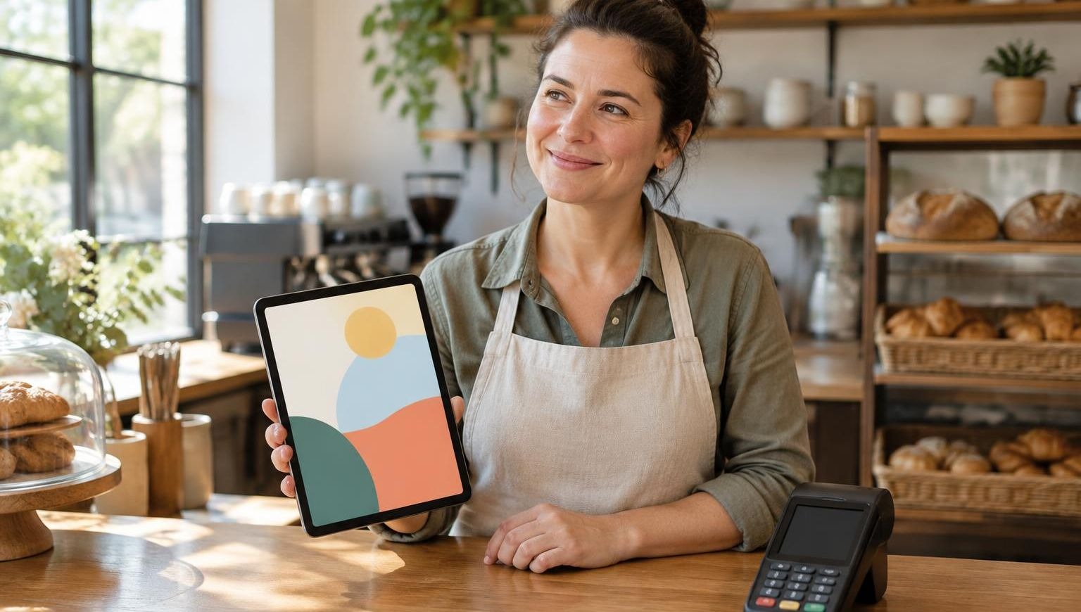 A small business owner in an apron standing behind a wooden service counter holding a tablet, with a card payment terminal on the counter beside her